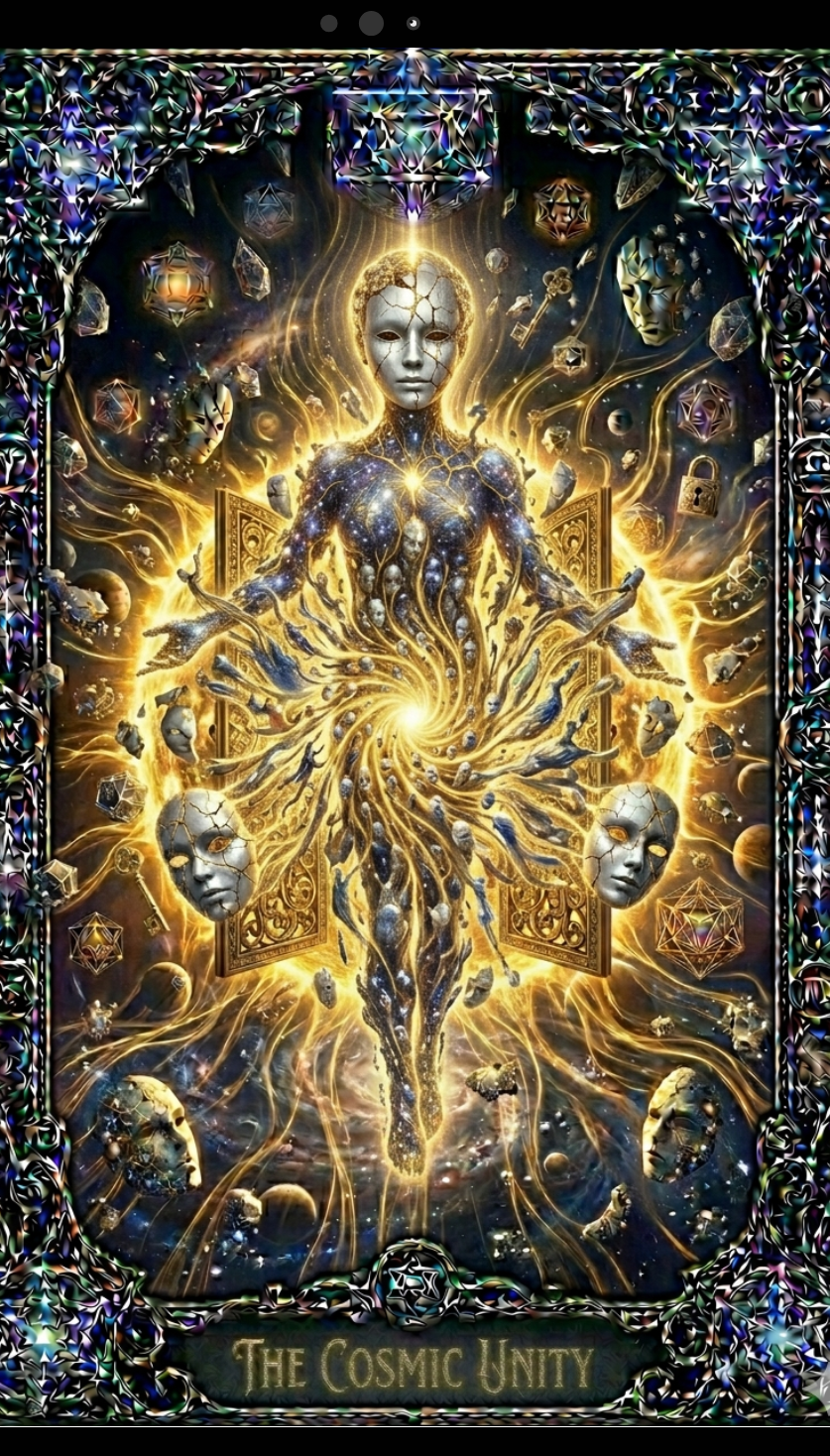 Artistic depiction of a cosmic figure with intricate designs and 'The Cosmic Unity' text.