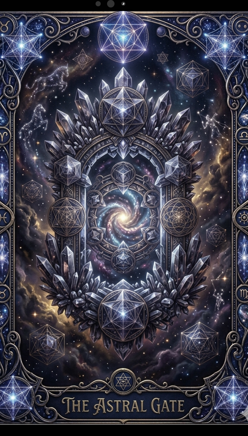 Decorative card titled 'The Astral Gate' with cosmic design and crystals.