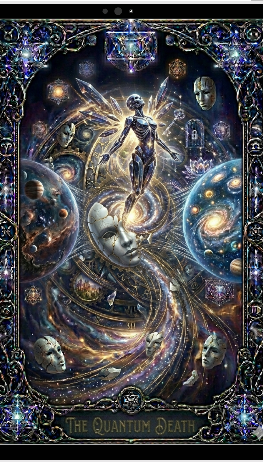 Artistic depiction of a futuristic woman with celestial elements and intricate designs.
