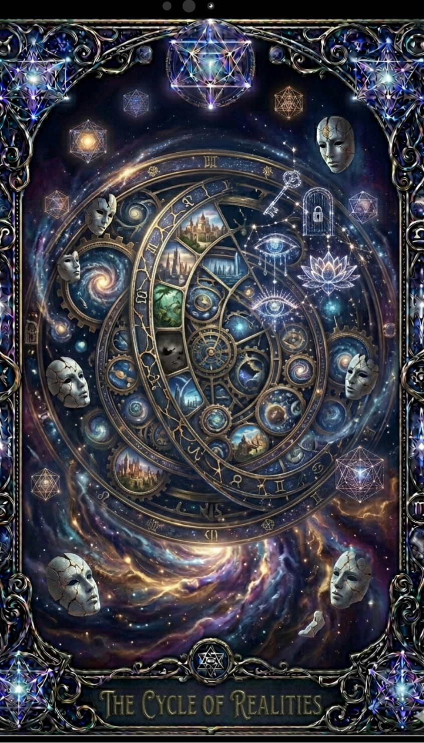 Decorative poster with astrological symbols and celestial design, titled 'The Cycle of Realities'.