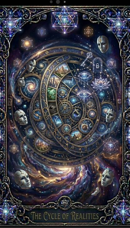 Decorative poster with astrological symbols and celestial design, titled 'The Cycle of Realities'.