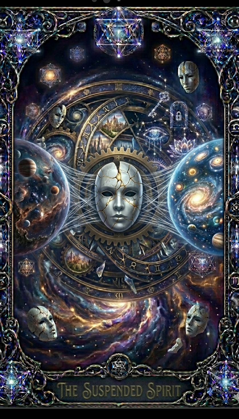 Decorative poster with intricate designs and celestial elements, featuring the title 'The Suspended Spirit'.