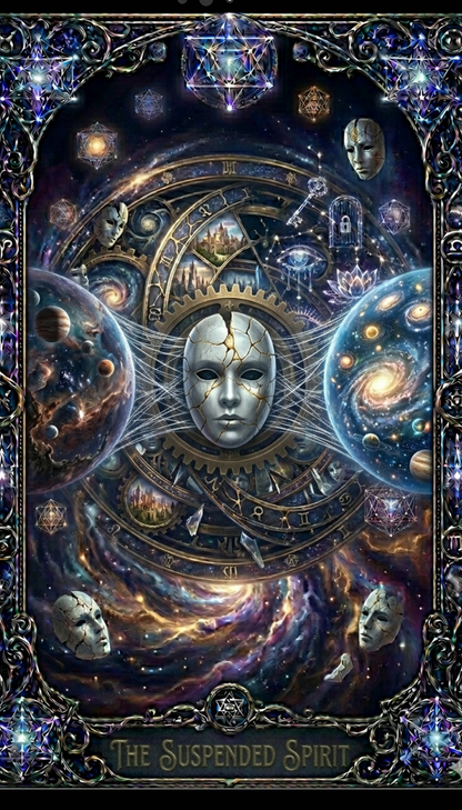 Decorative poster with intricate designs and celestial elements, featuring the title 'The Suspended Spirit'.