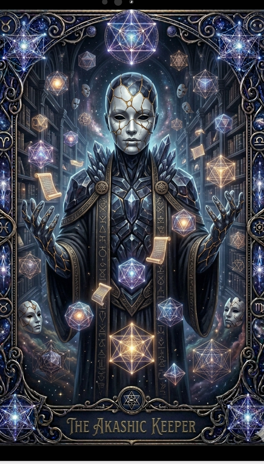 Illustration of 'The Akashic Keeper' with mystical elements and ornate design.
