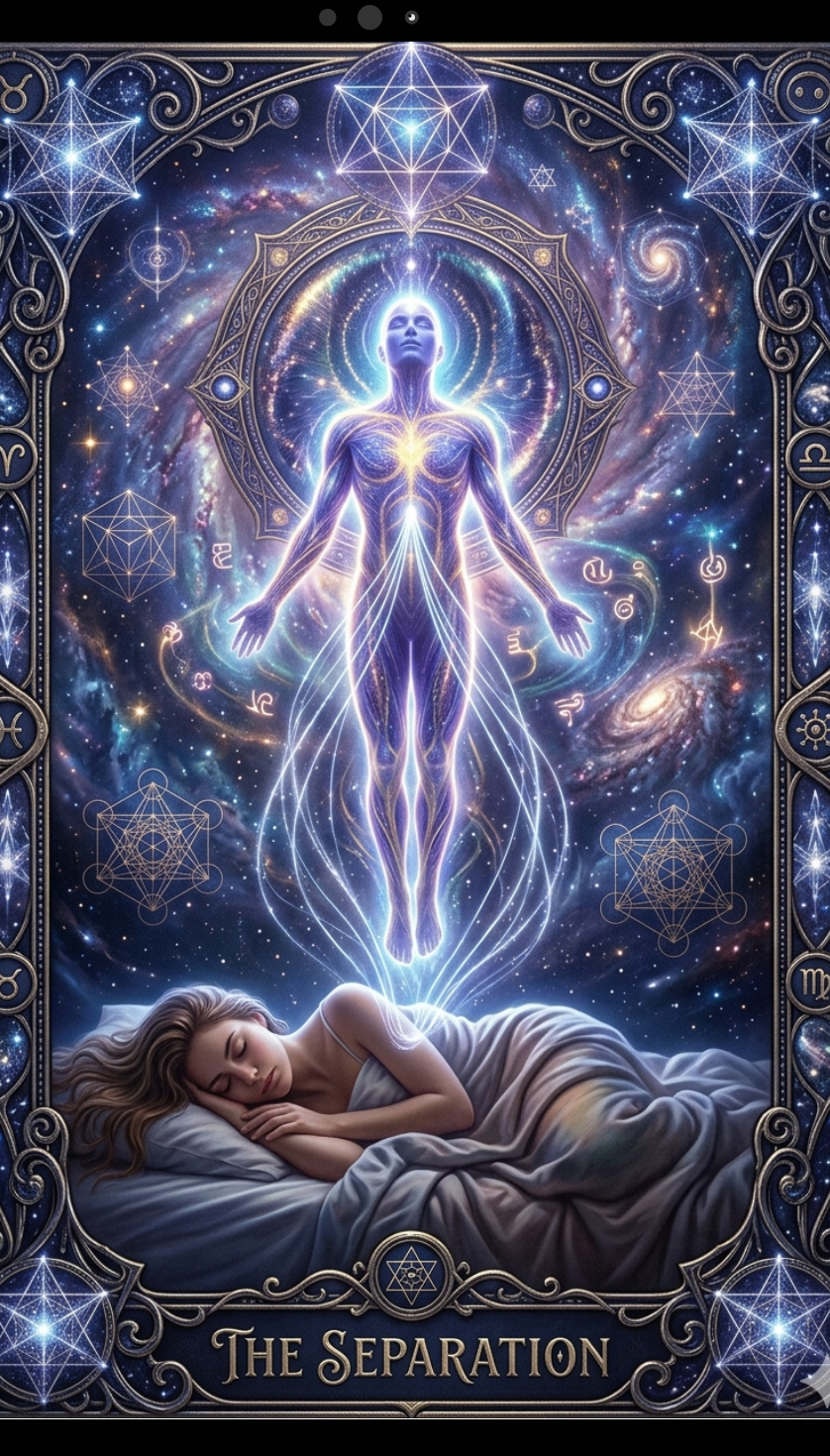 Illustration of a person waking up to a glowing figure with celestial elements, titled 'The Separation'.
