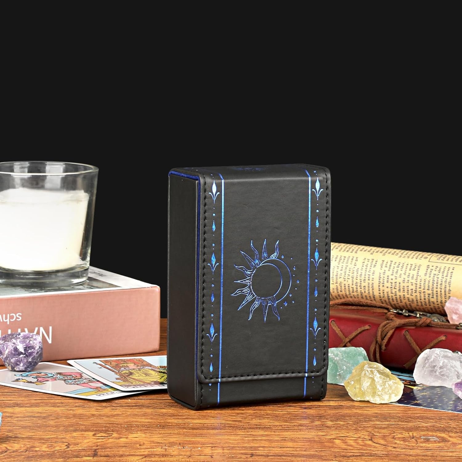 PU Leather Tarot Card Protective Case, Sun Moon Pattern Design Tarot Deck Storage Pouch, Tarot Card Holder Tarot Pouch Bag for Playing Cards and Standard Size Tarot Cards Tarot Deck