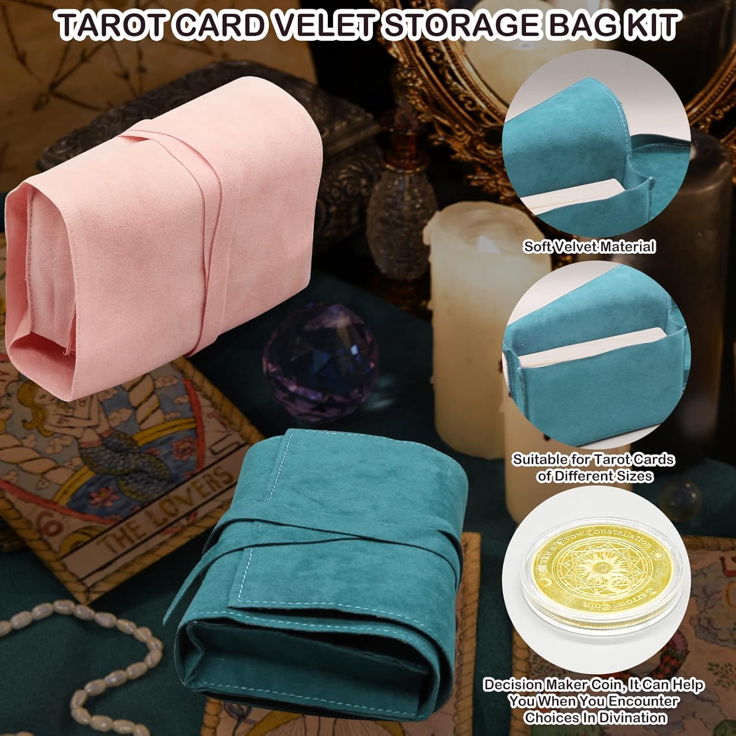 3 Pcs Tarot Card Holder Bag Kit Contains Velvet Tarot Card Storage Box Case and Decision Maker Coin, Tarot Accessories, Tarot Cloth Pouches Card Holders for Playing Cards and Tarot Cards Oracle Deck