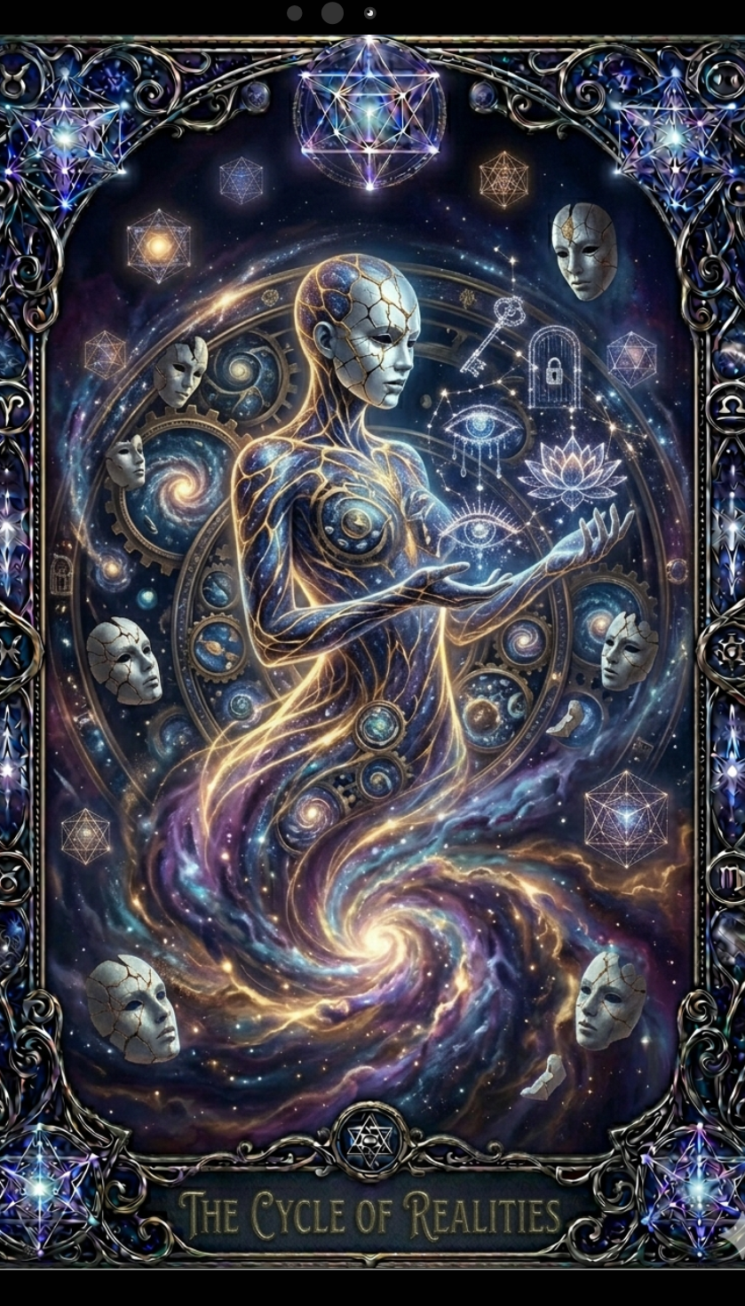 Artistic depiction of a person holding a spiral galaxy with celestial elements and 'The Cycle of Realities' text.