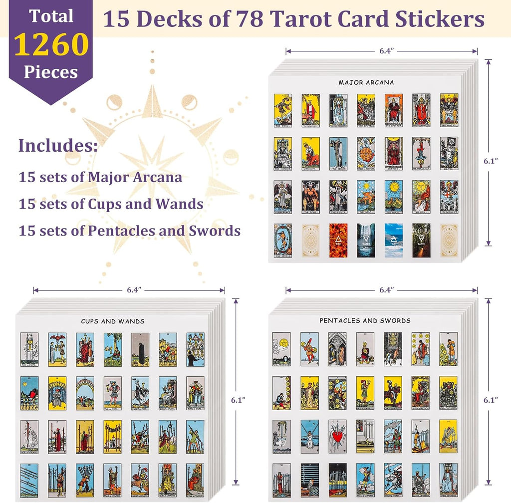 1260 PCS Mini Tarot Stickers for Journaling, 1.25" X 0.78" Tarot Card Stickers Based on Rider Waite Tarot Deck, 8 Tarot Cheat Sheet Included