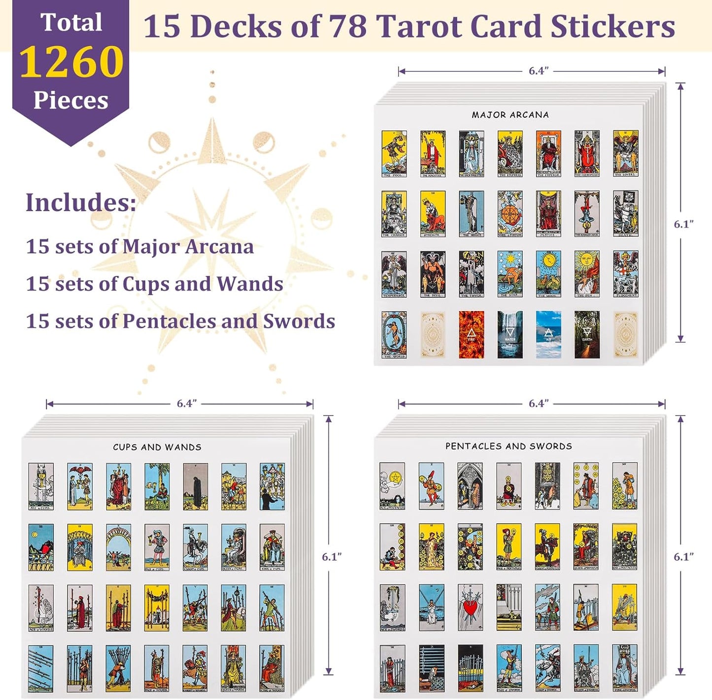 1260 PCS Mini Tarot Stickers for Journaling, 1.25" X 0.78" Tarot Card Stickers Based on Rider Waite Tarot Deck, 8 Tarot Cheat Sheet Included