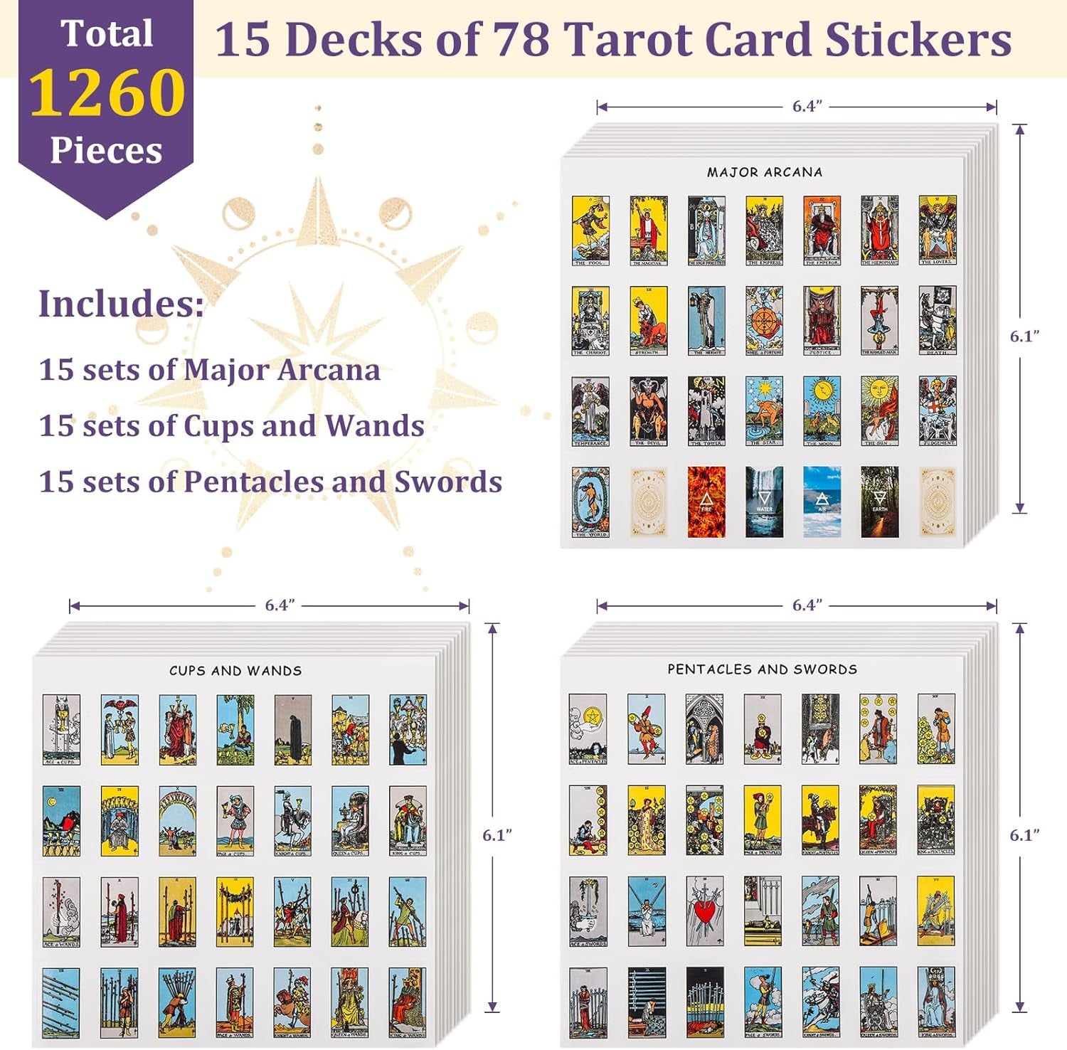 1260 PCS Mini Tarot Stickers for Journaling, 1.25" X 0.78" Tarot Card Stickers Based on Rider Waite Tarot Deck, 8 Tarot Cheat Sheet Included
