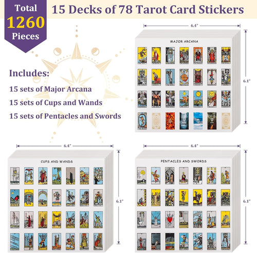 1260 PCS Mini Tarot Stickers for Journaling, 1.25" X 0.78" Tarot Card Stickers Based on Rider Waite Tarot Deck, 8 Tarot Cheat Sheet Included