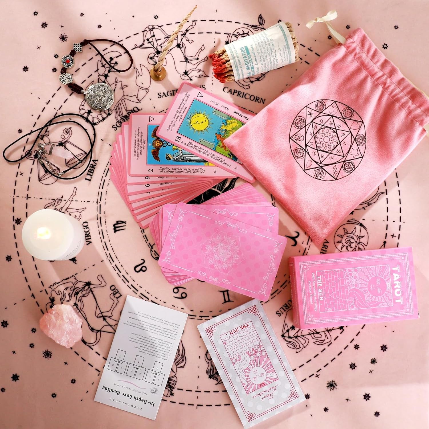 Tarot Cards Set with Meanings on Them-Beginner Tarot Deck Set-Tarot Spread Cloth,Velvet Pouches-Tarot Cards for Beginners Crystal-Rope Satya Incense