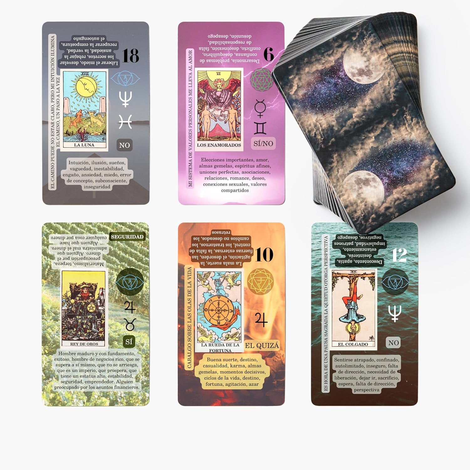 Spanish Learning Tarot Card for Beginners with Meanings on Them - Training Beginner Cards for Tarot Learners Including Chakra, Planet, Zodiac, Element, Yes or No.