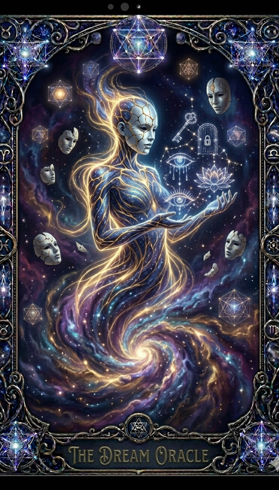 Artistic depiction of a figure holding a crystal ball with mystical symbols and faces, titled 'The Dream Oracle'.