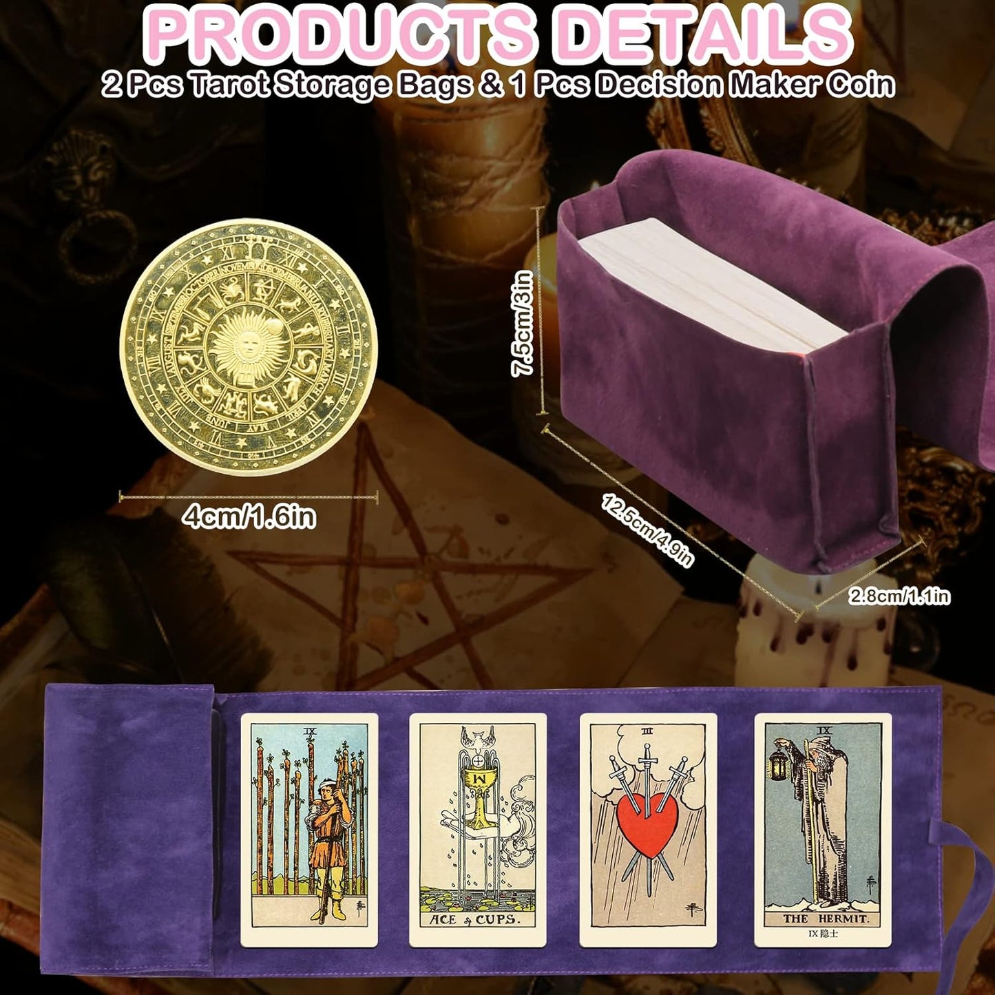 3 Pcs Tarot Card Holder Bag Kit Contains Velvet Tarot Card Storage Box Case and Decision Maker Coin, Tarot Cloth Pouches Card Holders for Playing Cards and Tarot Cards Oracle Deck, Tarot Accessories