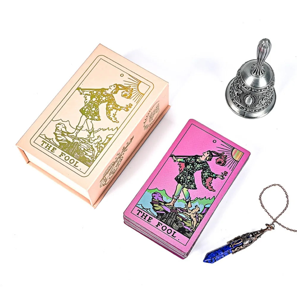 Holographic Iridescent Fluorescent Gold Foil Rider Tarot Deck 12*7Cm 78 Pcs Waterproof PET Wear-Resistant Tarot Cards