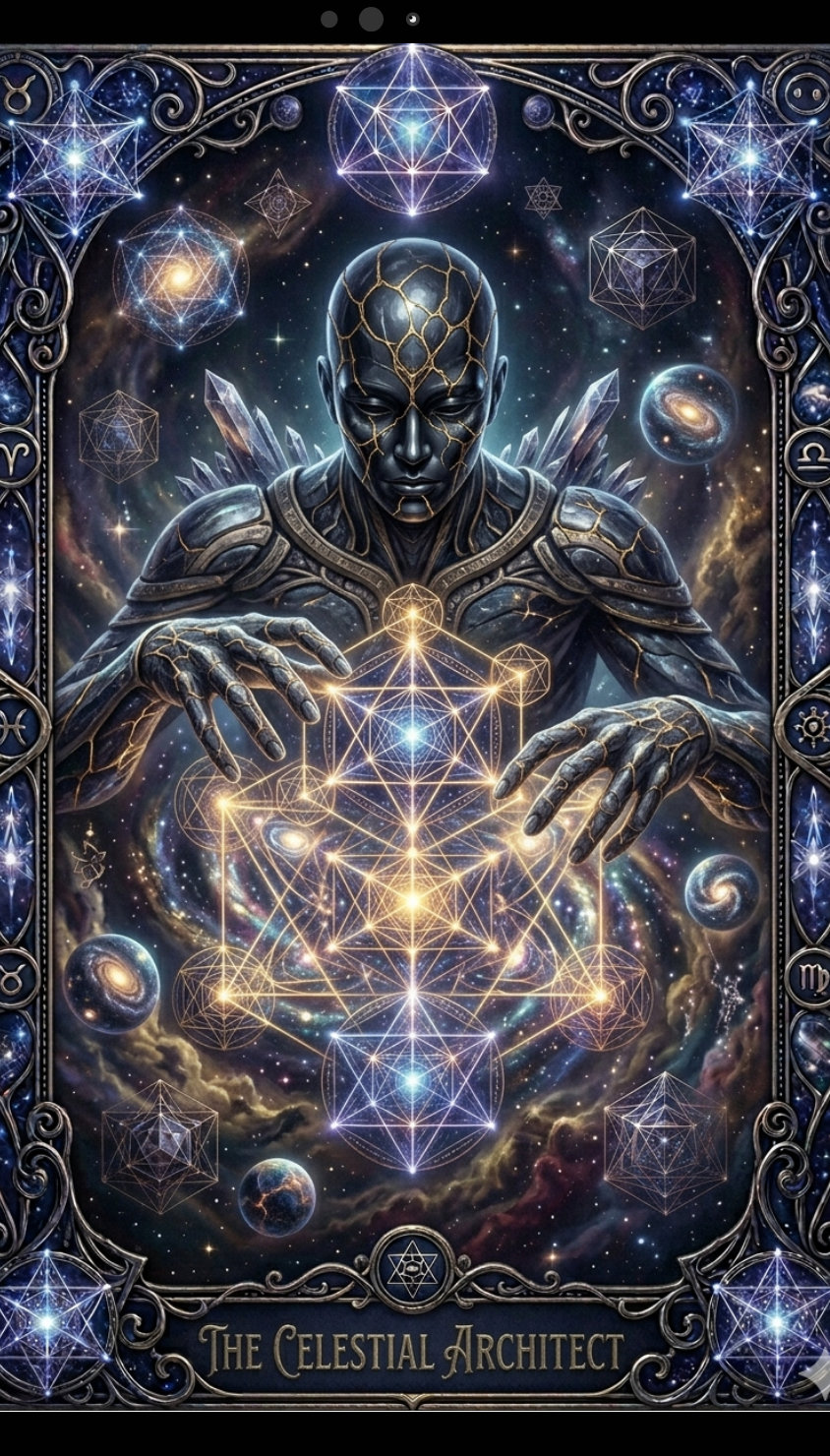 Artistic depiction of a celestial architect with cosmic elements and geometric symbols.