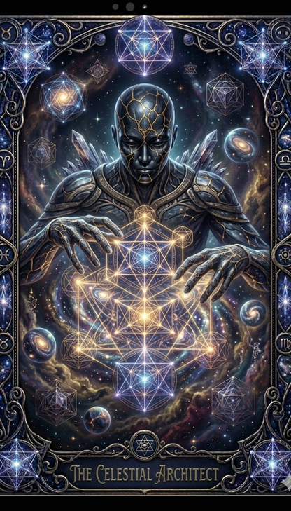 Artistic depiction of a celestial architect with cosmic elements and geometric symbols.