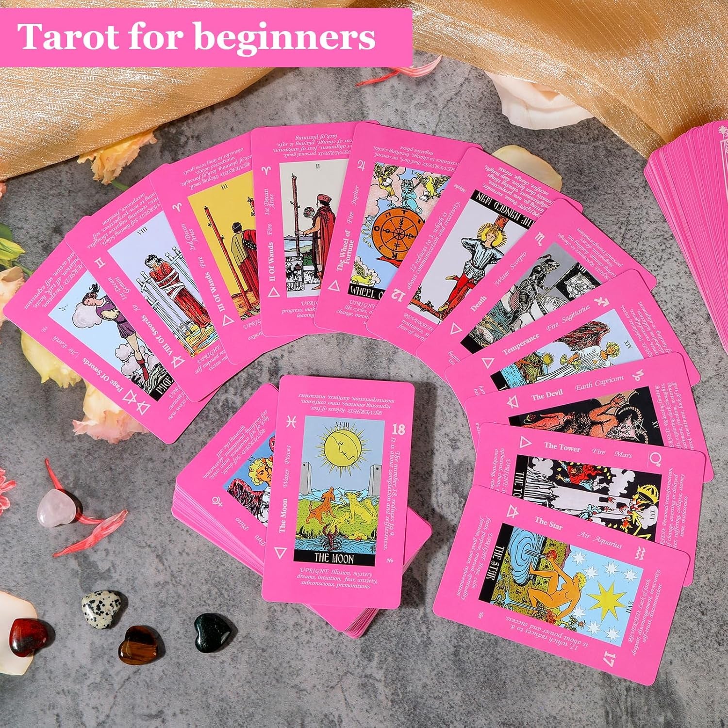 Pink Tarot Cards for Beginners with Meaning on Them, Tarot Deck Cards with Guide Book