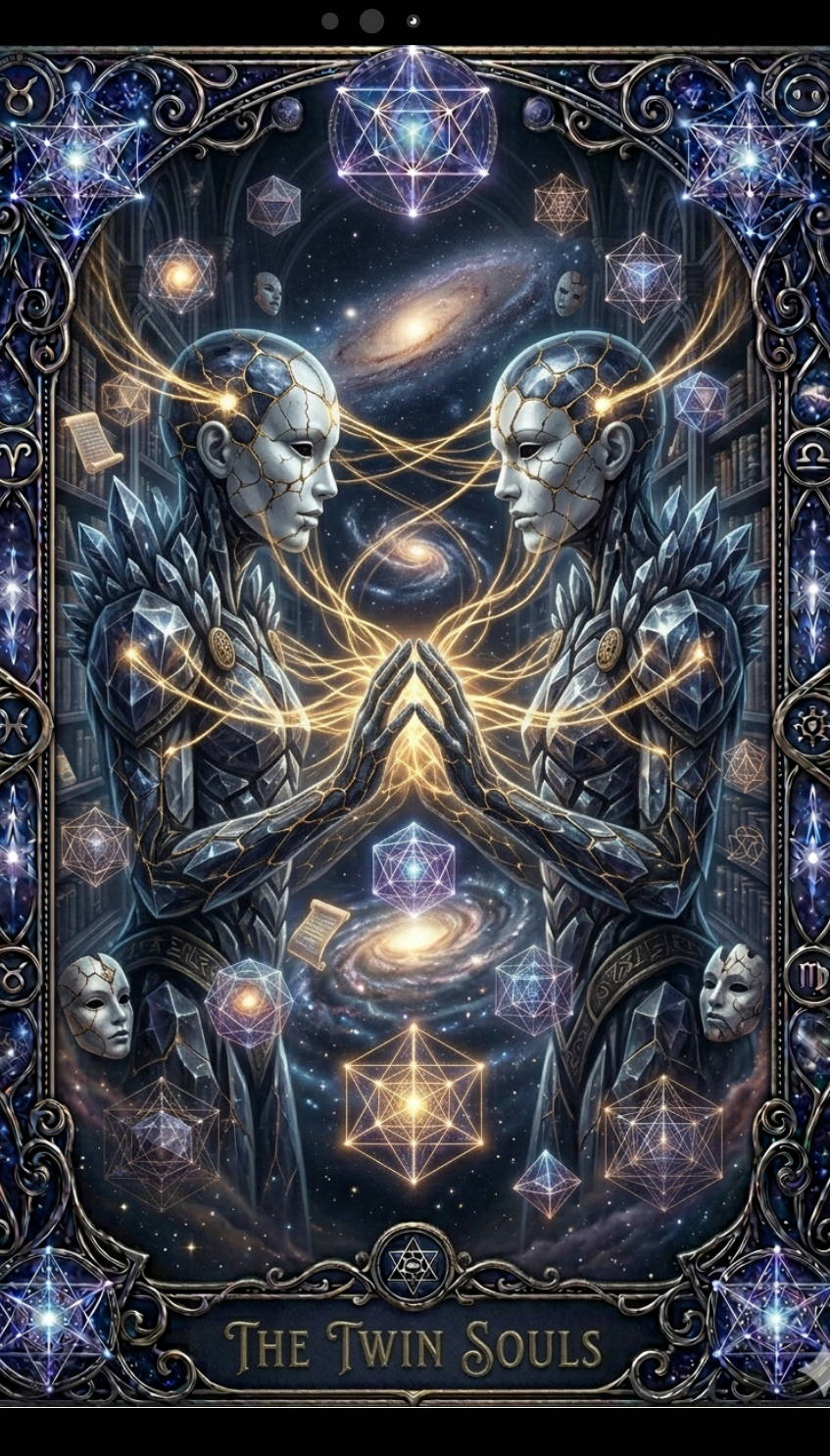 Artistic depiction of two figures with a cosmic background and 'The Twin Souls' text.