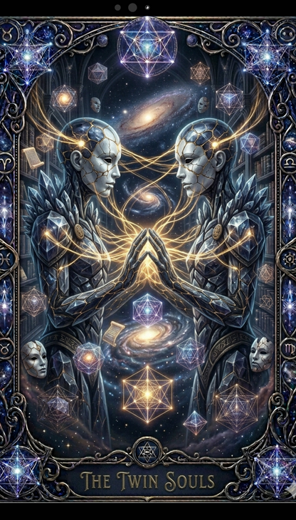 Artistic depiction of two figures with a cosmic background and 'The Twin Souls' text.