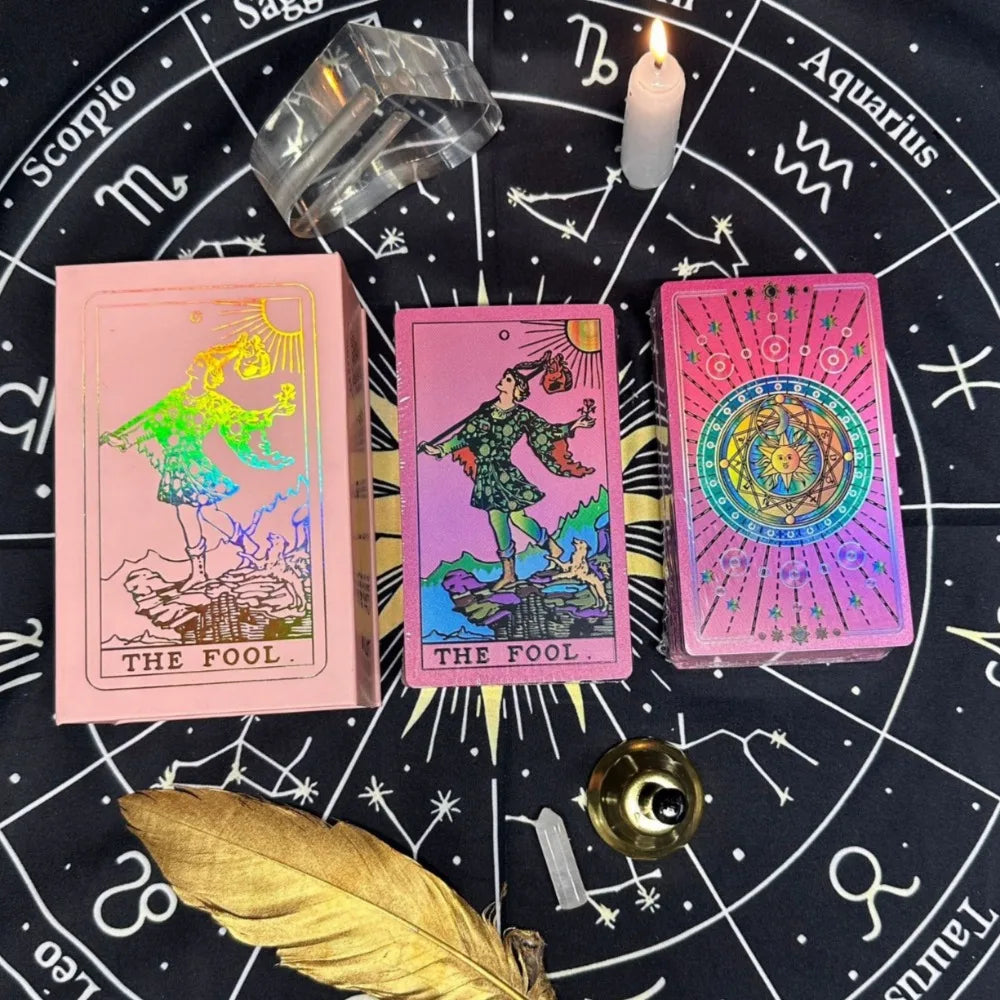 Holographic Iridescent Fluorescent Gold Foil Rider Tarot Deck 12*7Cm 78 Pcs Waterproof PET Wear-Resistant Tarot Cards
