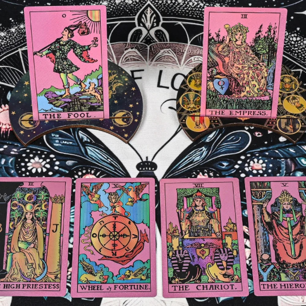 Holographic Iridescent Fluorescent Gold Foil Rider Tarot Deck 12*7Cm 78 Pcs Waterproof PET Wear-Resistant Tarot Cards