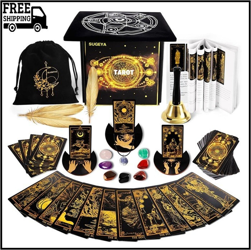 78 Tarot Cards with Guide Book, Black Tarot Deck Gift Set with Tarot Cloth, Chak