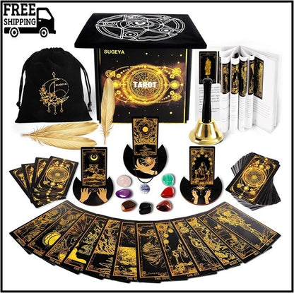 78 Tarot Cards with Guide Book, Black Tarot Deck Gift Set with Tarot Cloth, Chak