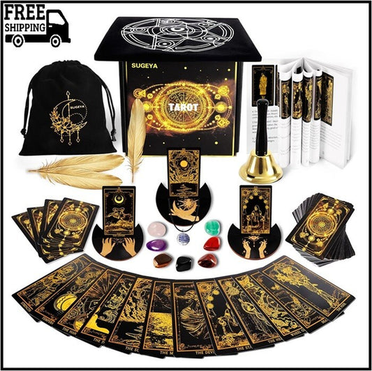 78 Tarot Cards with Guide Book, Black Tarot Deck Gift Set with Tarot Cloth, Chak