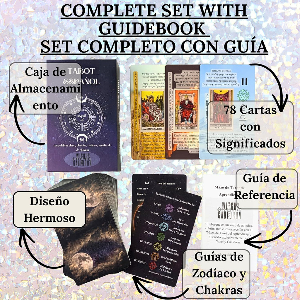 Spanish Learning Tarot Card for Beginners with Meanings on Them - Training Beginner Cards for Tarot Learners Including Chakra, Planet, Zodiac, Element, Yes or No.