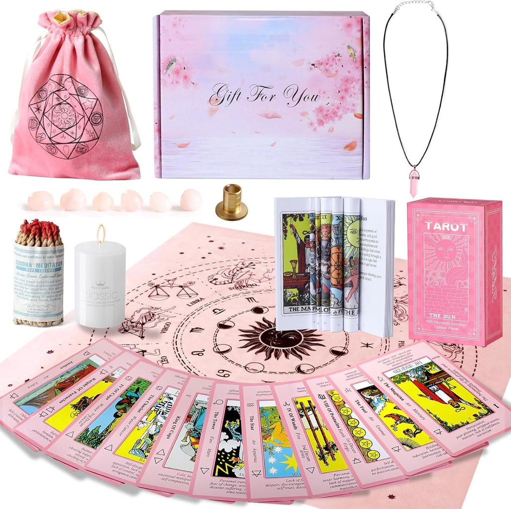 Tarot Cards Set with Meanings on Them-Beginner Tarot Deck Set-Tarot Spread Cloth,Velvet Pouches-Tarot Cards for Beginners Crystal-Rope Satya Incense