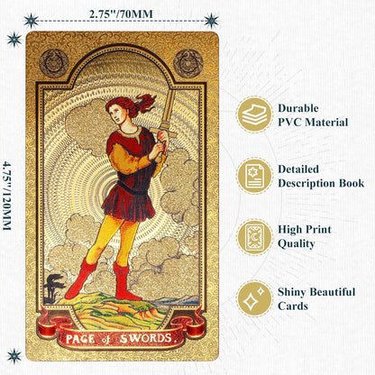 78 Gold Foil Tarot Cards with Guide Book Tarot Deck for Beginners and Professional Player with Box Tarot PVC Durable Waterproof Wrinkle Resistant