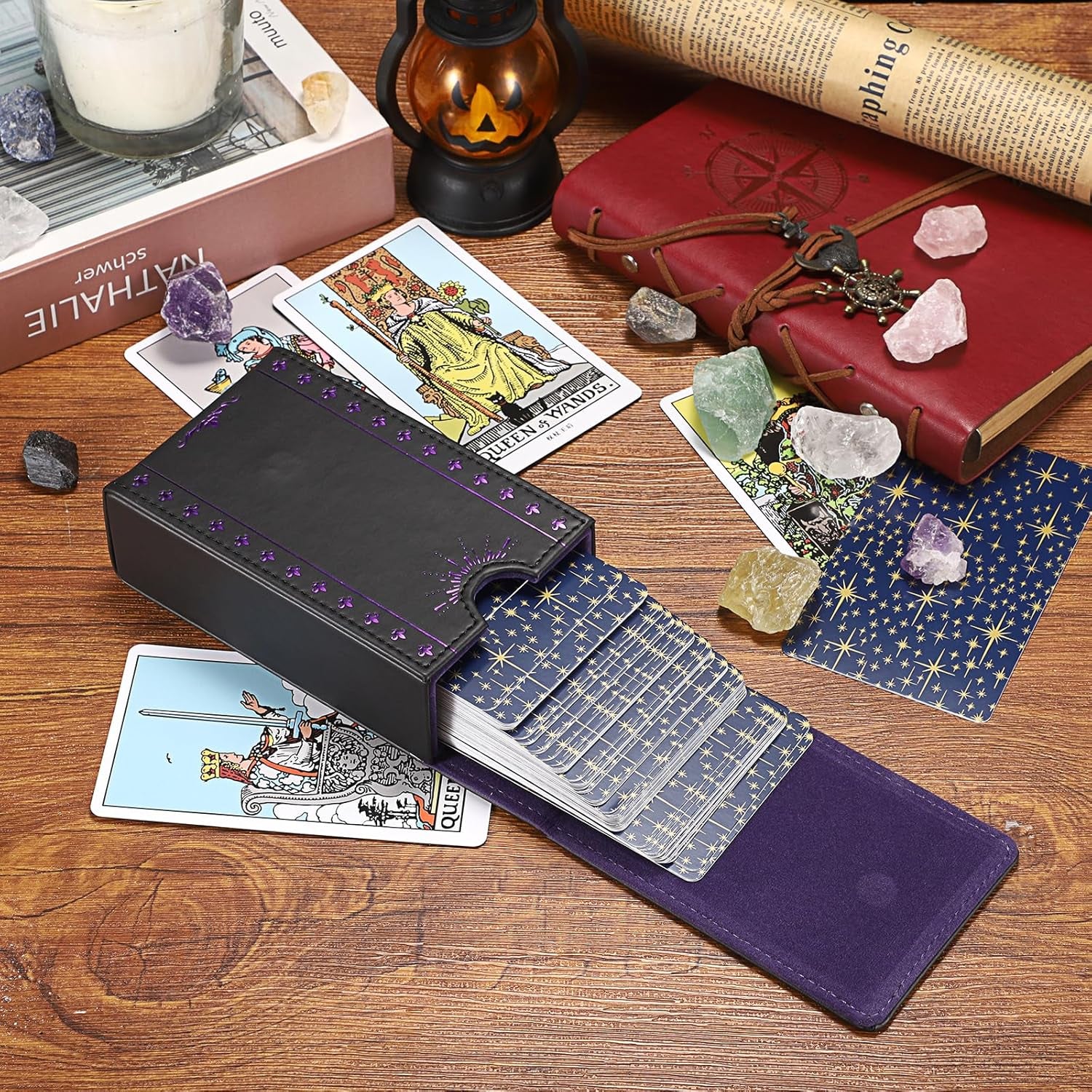 PU Leather Tarot Card Protective Case, Moon Pattern Design Tarot Deck Storage Pouch, Tarot Card Holder Tarot Pouch Bag for Playing Cards and Standard Size Tarot Cards Tarot Deck
