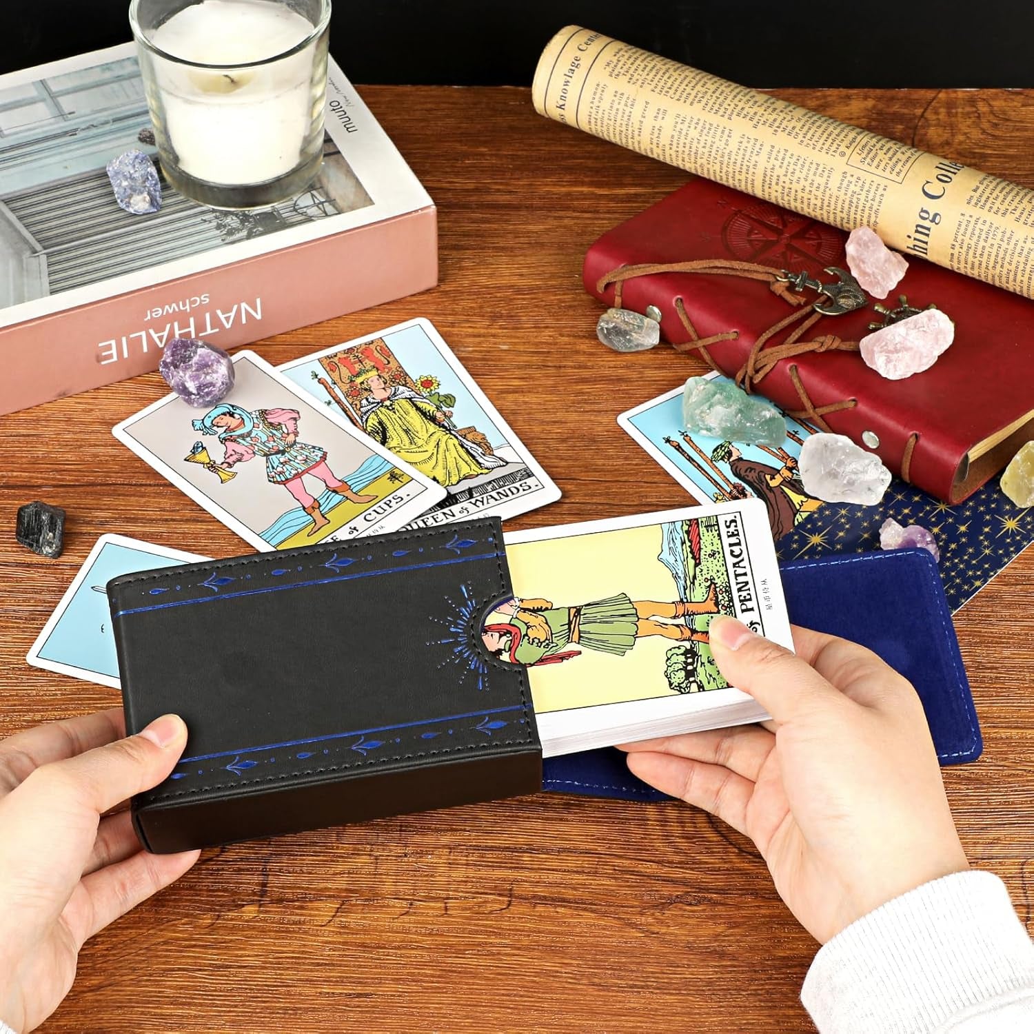 PU Leather Tarot Card Protective Case, Sun Moon Pattern Design Tarot Deck Storage Pouch, Tarot Card Holder Tarot Pouch Bag for Playing Cards and Standard Size Tarot Cards Tarot Deck