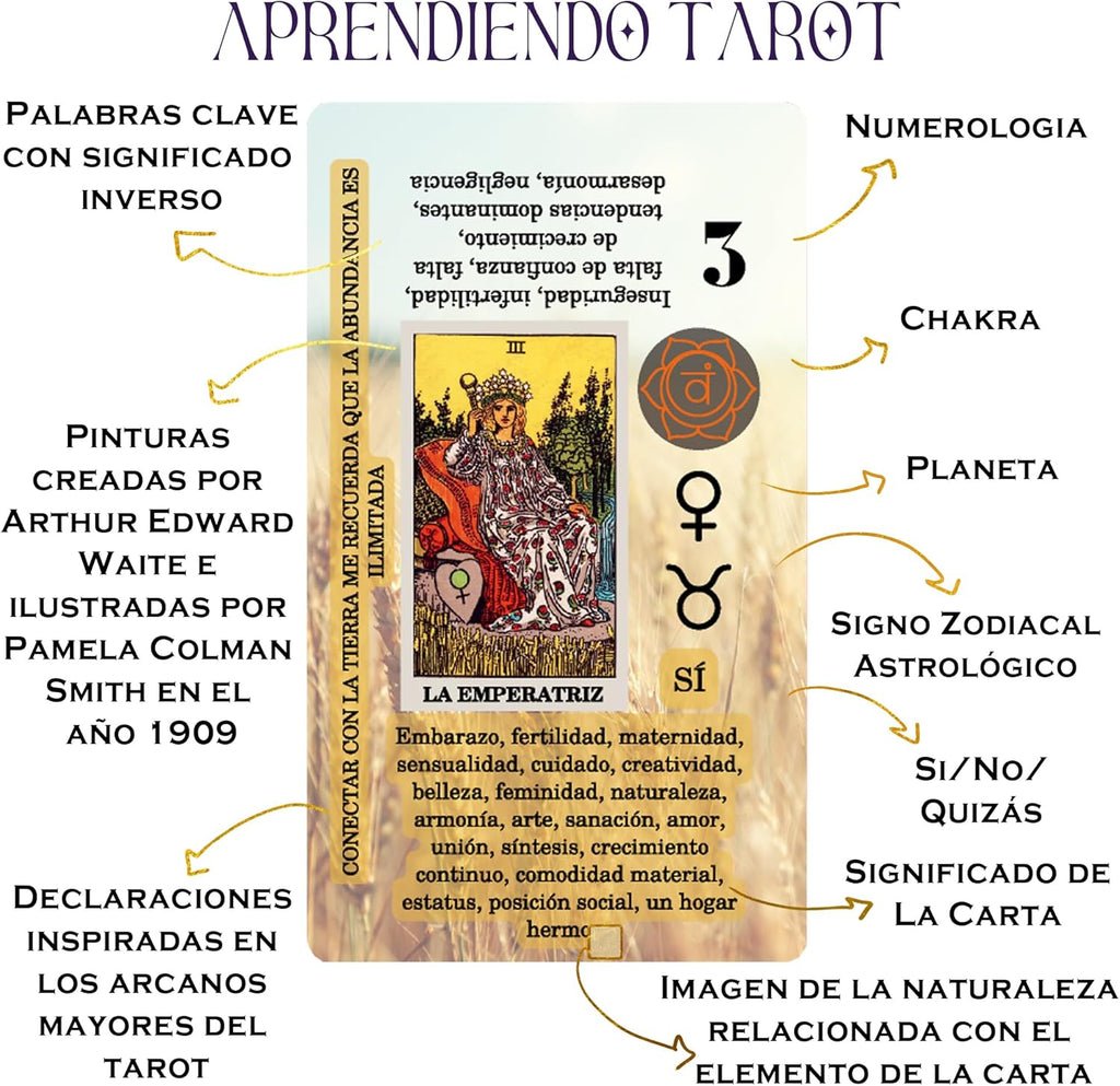 Spanish Learning Tarot Card for Beginners with Meanings on Them - Training Beginner Cards for Tarot Learners Including Chakra, Planet, Zodiac, Element, Yes or No.