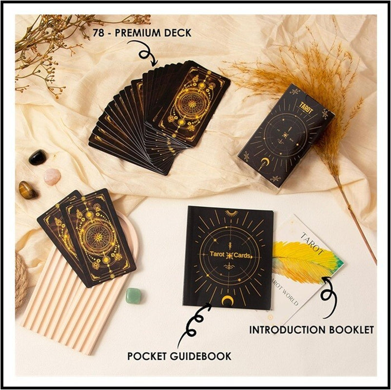 78 Tarot Cards with Guide Book, Black Tarot Deck Gift Set with Tarot Cloth, Chak
