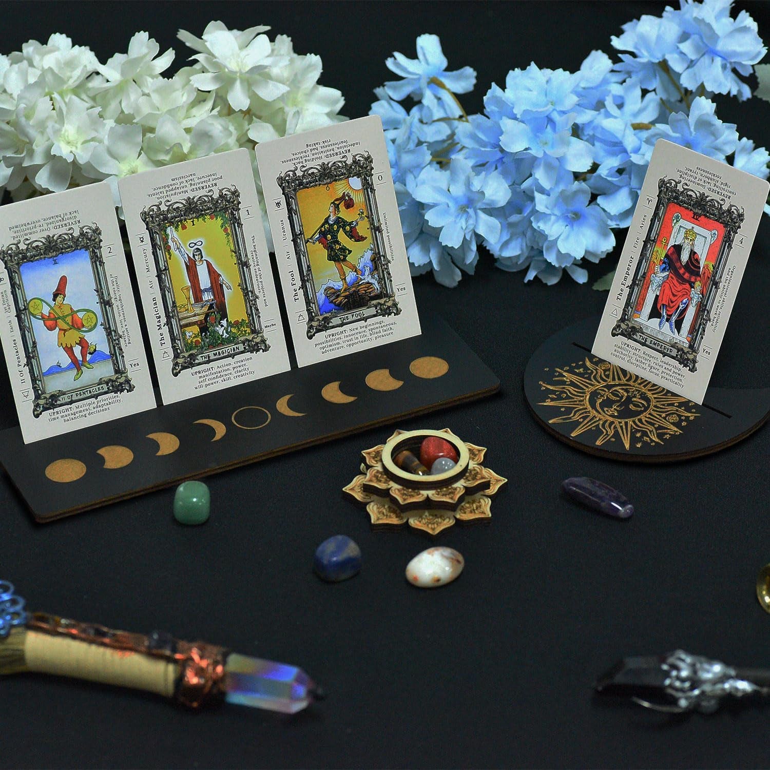 10Pcs Tarot Card Holder Wooden Tarot Card Holder Stand Tarot Card Display Tarot Accessories with Tarot Crystal Stone for Witch Divination Tools