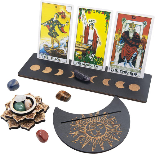 10Pcs Tarot Card Holder Wooden Tarot Card Holder Stand Tarot Card Display Tarot Accessories with Tarot Crystal Stone for Witch Divination Tools